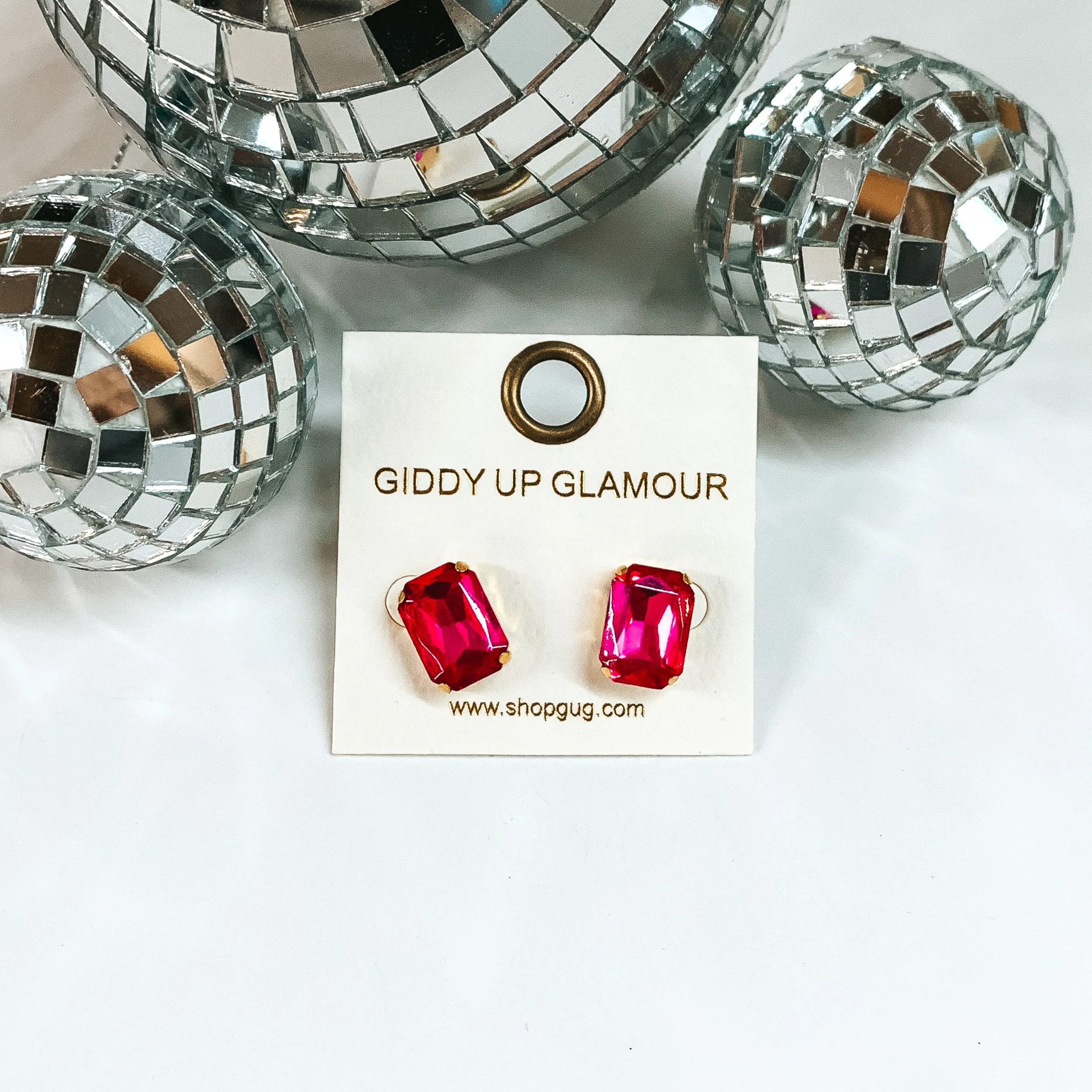 Rectangle Crystal Stud Earrings in Hot Pink