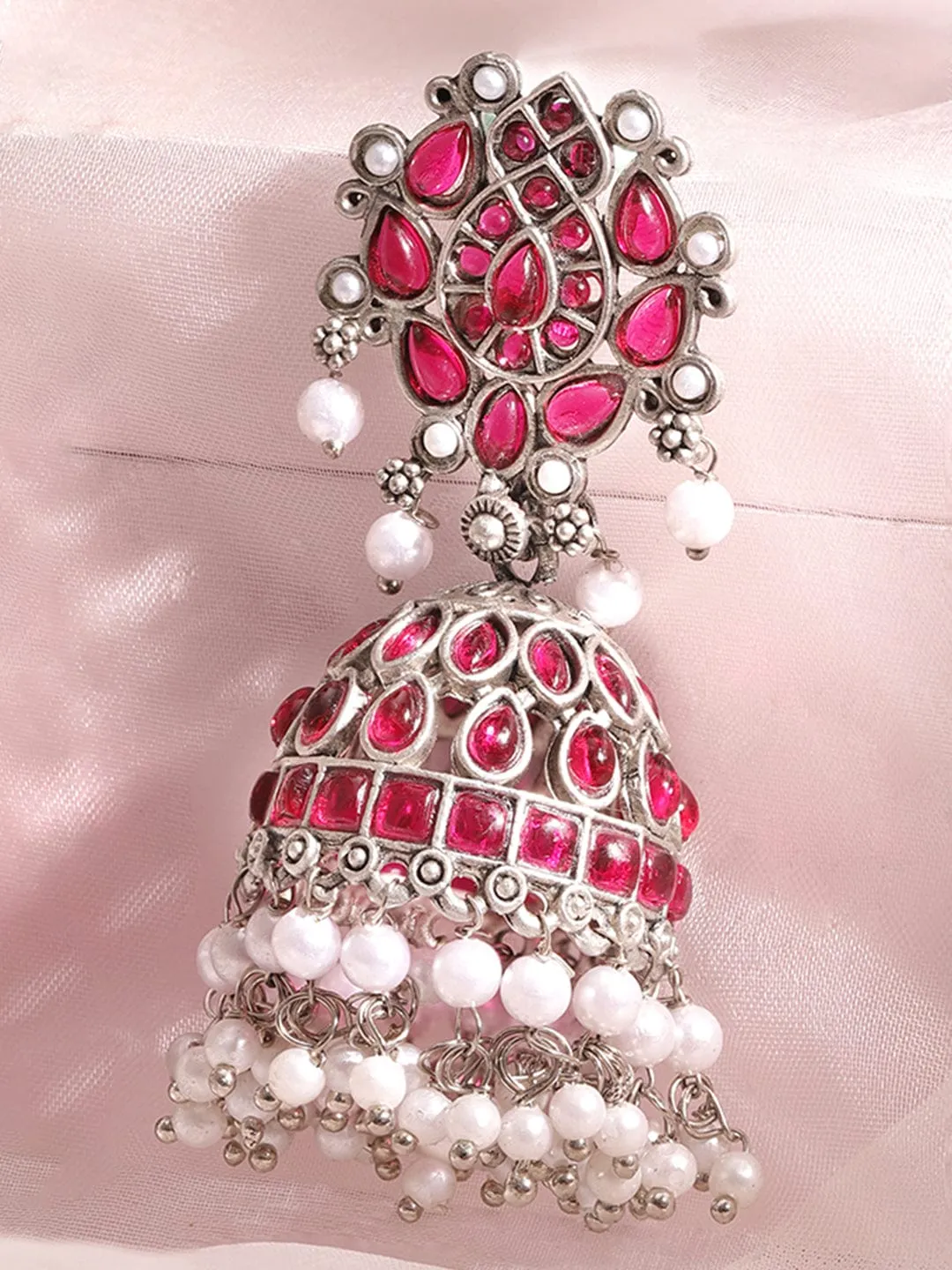 Rubans Oxidized Elegance Pink Stone Jhumka Earrings