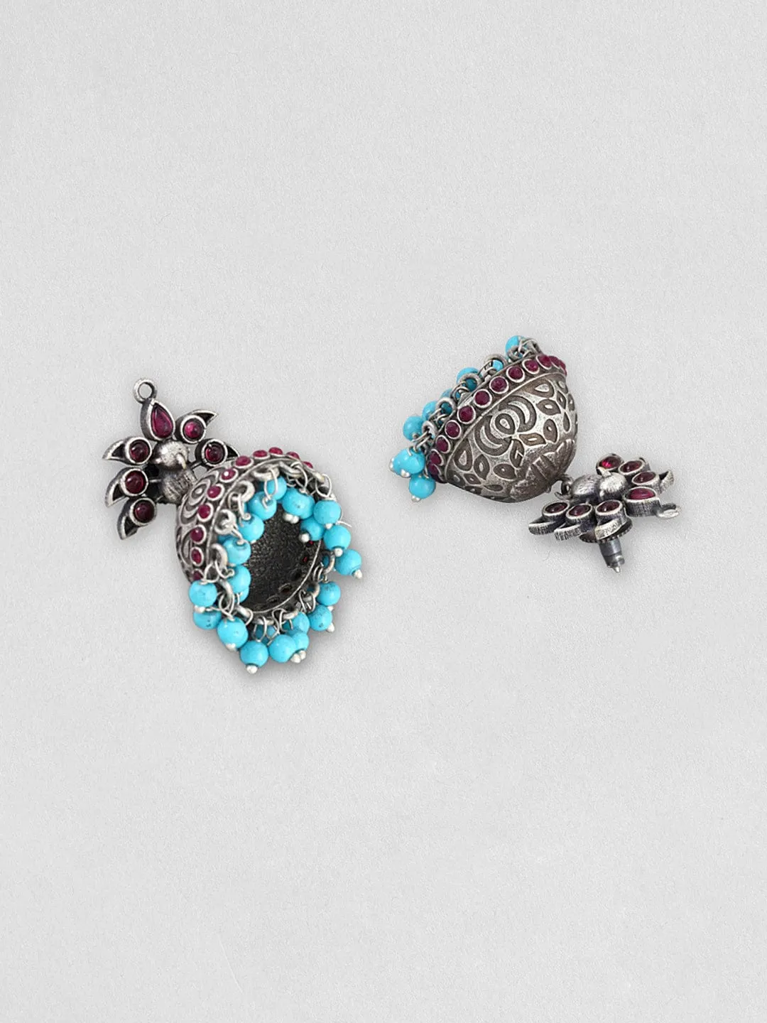 Rubans Silver Oxidised Jhumka With Studded Pink Stone And Blue Beads