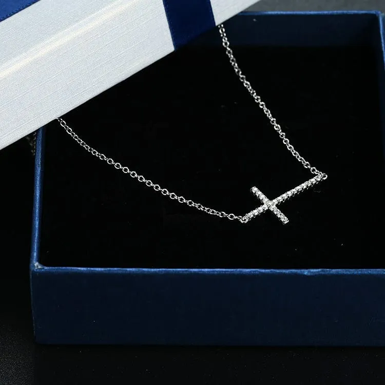 Sideways Cross Necklace with CZ Sterling Silver White, Yellow or Rose Gold Plated