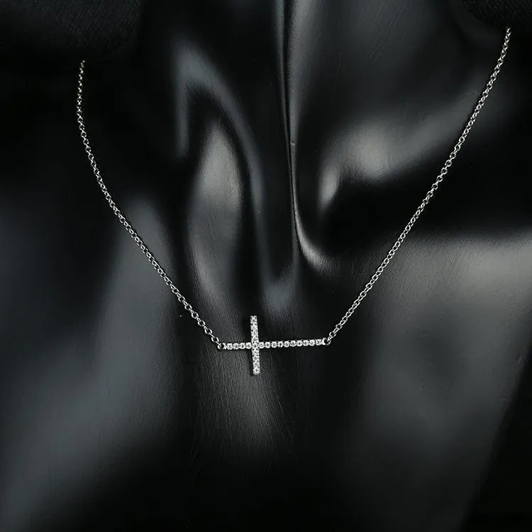 Sideways Cross Necklace with CZ Sterling Silver White, Yellow or Rose Gold Plated