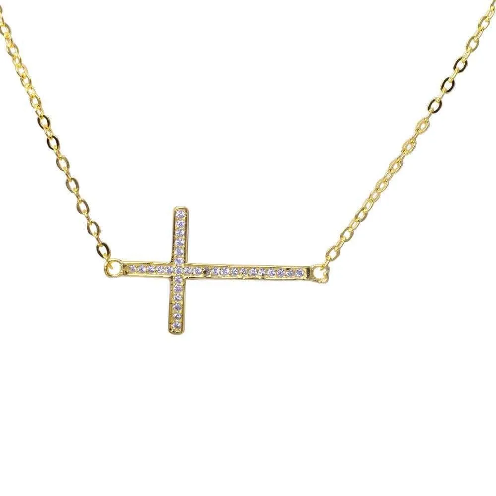 Sideways Cross Necklace with CZ Sterling Silver White, Yellow or Rose Gold Plated