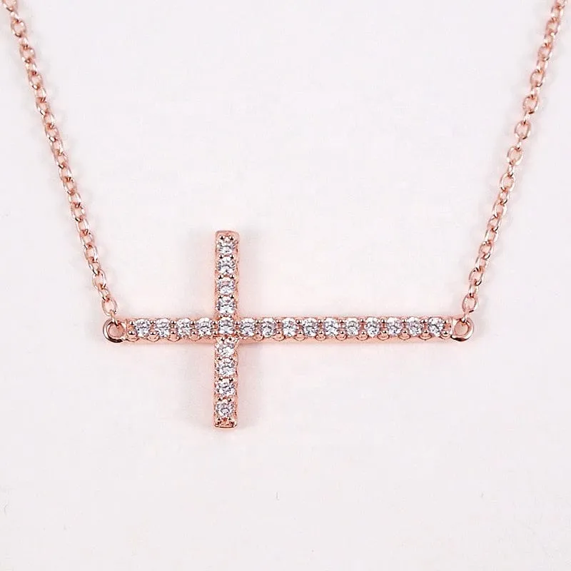 Sideways Cross Necklace with CZ Sterling Silver White, Yellow or Rose Gold Plated