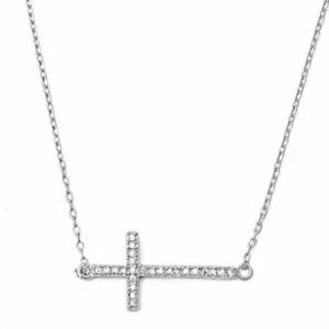 Sideways Cross Necklace with CZ Sterling Silver White, Yellow or Rose Gold Plated