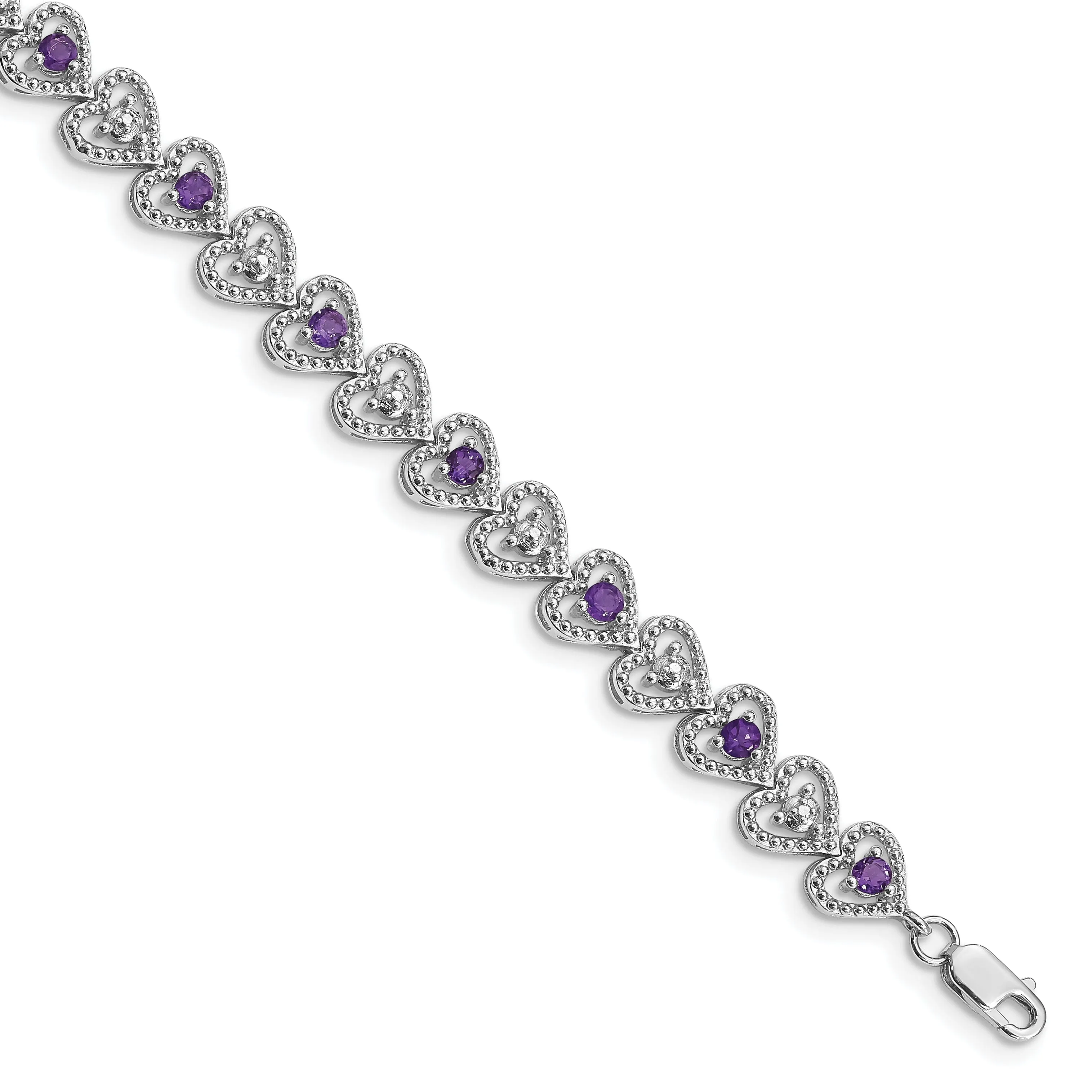 Silver Diamond Amethyst Gemstone Heart Bracelet