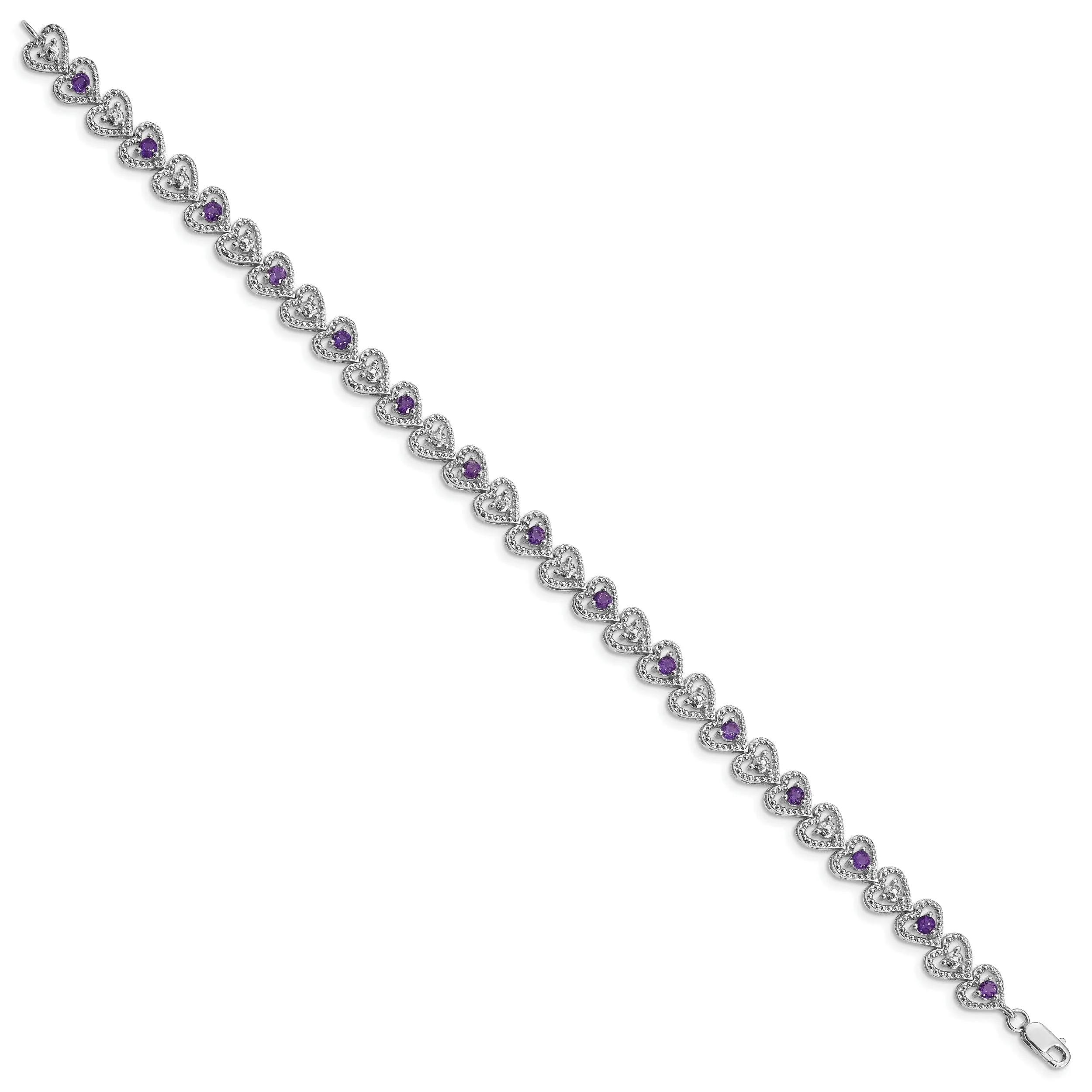 Silver Diamond Amethyst Gemstone Heart Bracelet