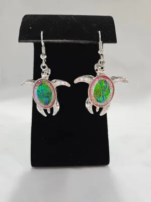 Silver With Iridescent Stone Turtle Earrings