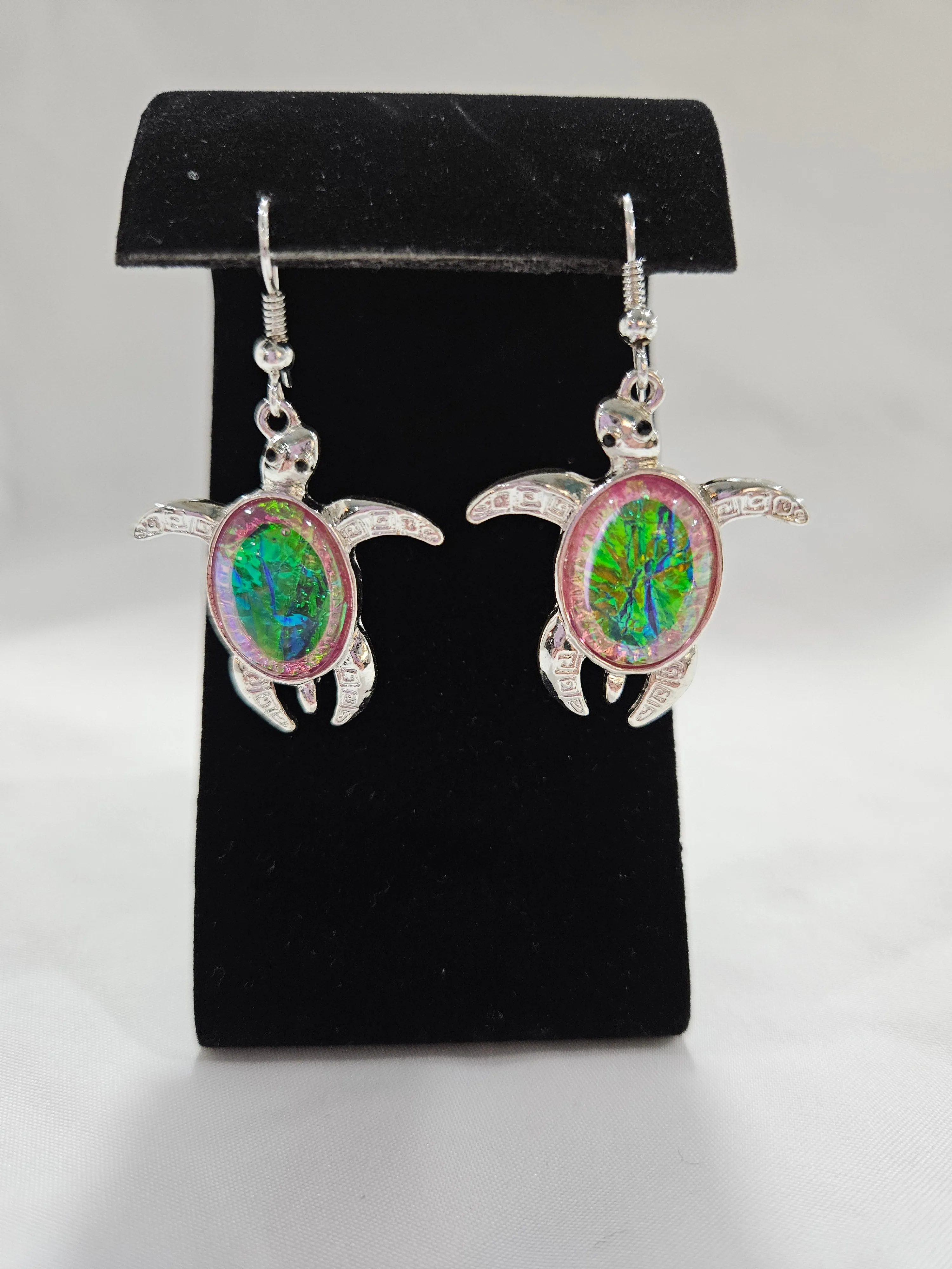 Silver With Iridescent Stone Turtle Earrings