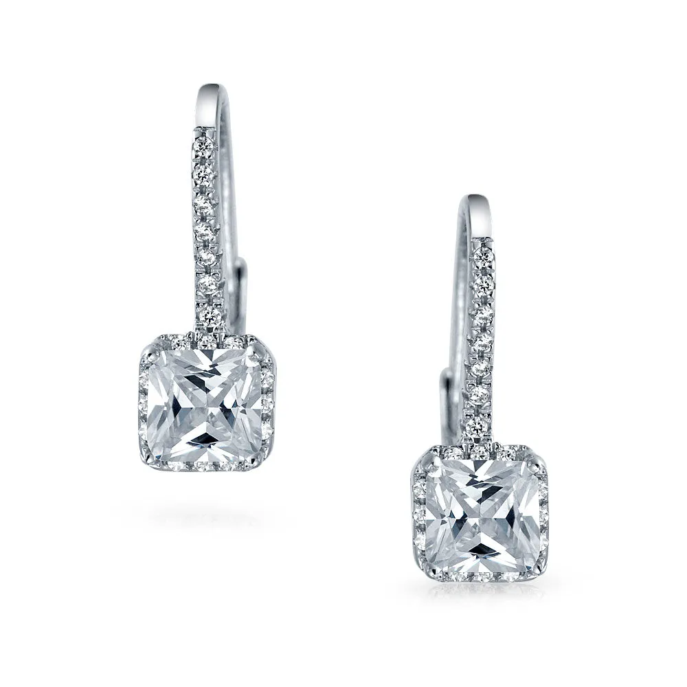 Solitaire Princess Square CZ Drop Earrings .925 Sterling Silver