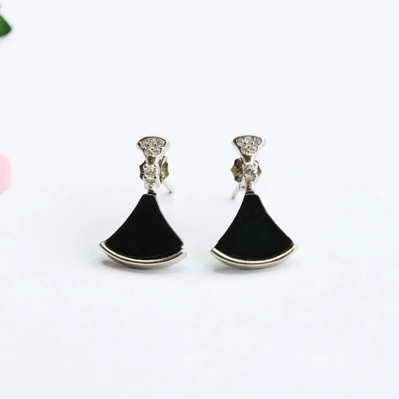 Stunning Blackish Green Small Skirt Stud Earrings with Sterling Silver and Natural Jade