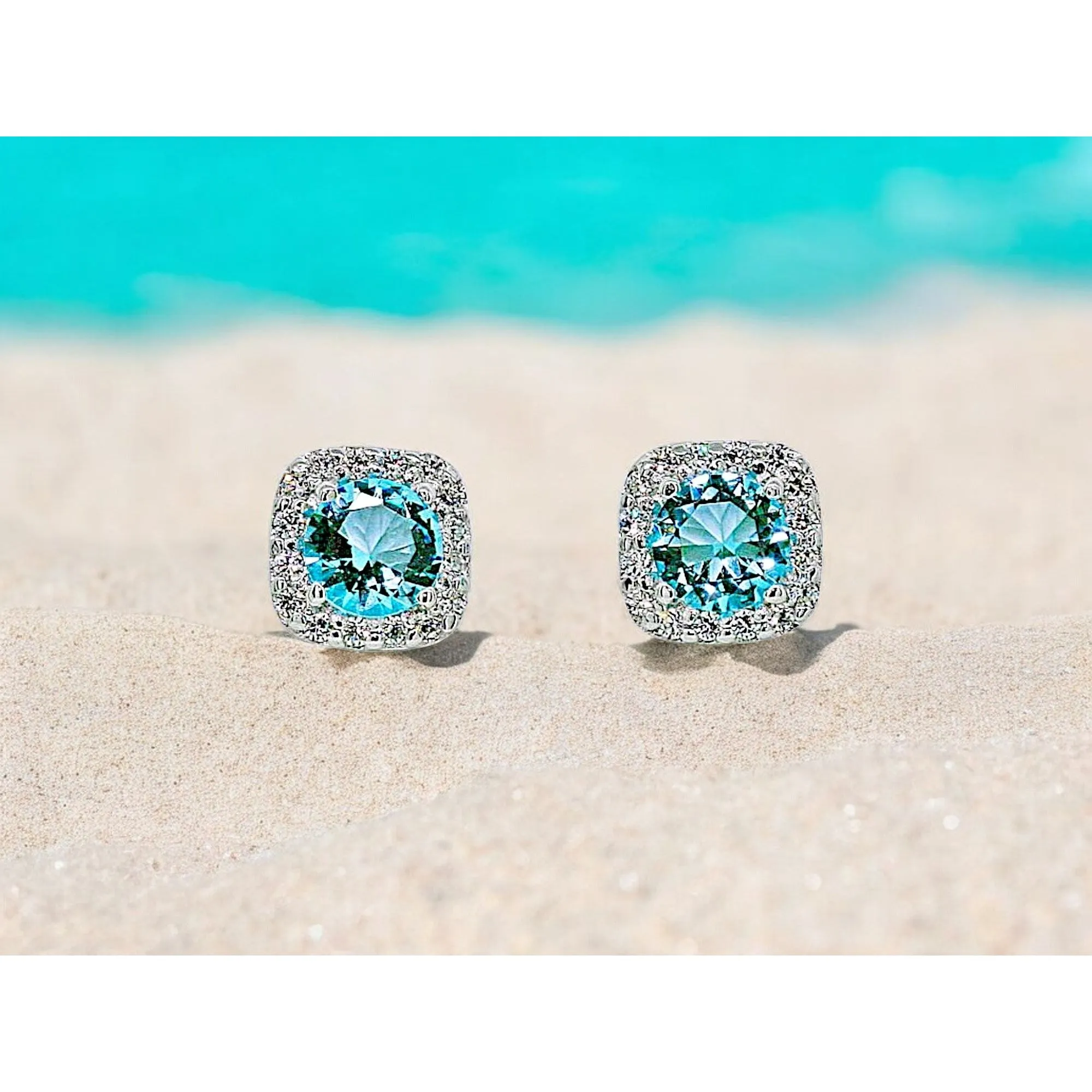 Stunning Blue Topaz Color Halo Earrings