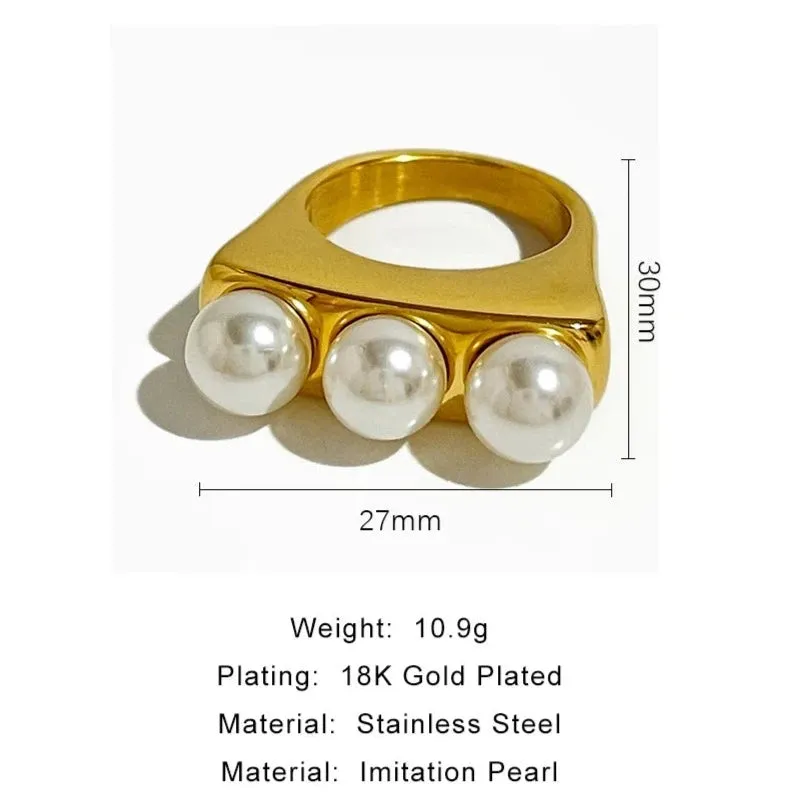 TEEK - Stainless Steel Triple Large Pearl Fashion Ring