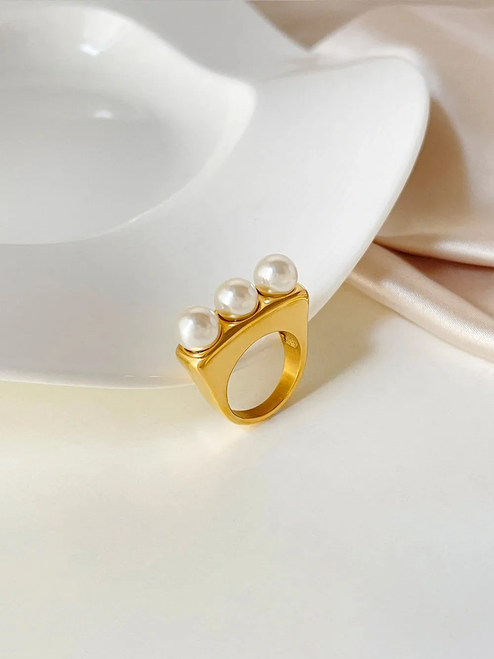 TEEK - Stainless Steel Triple Large Pearl Fashion Ring