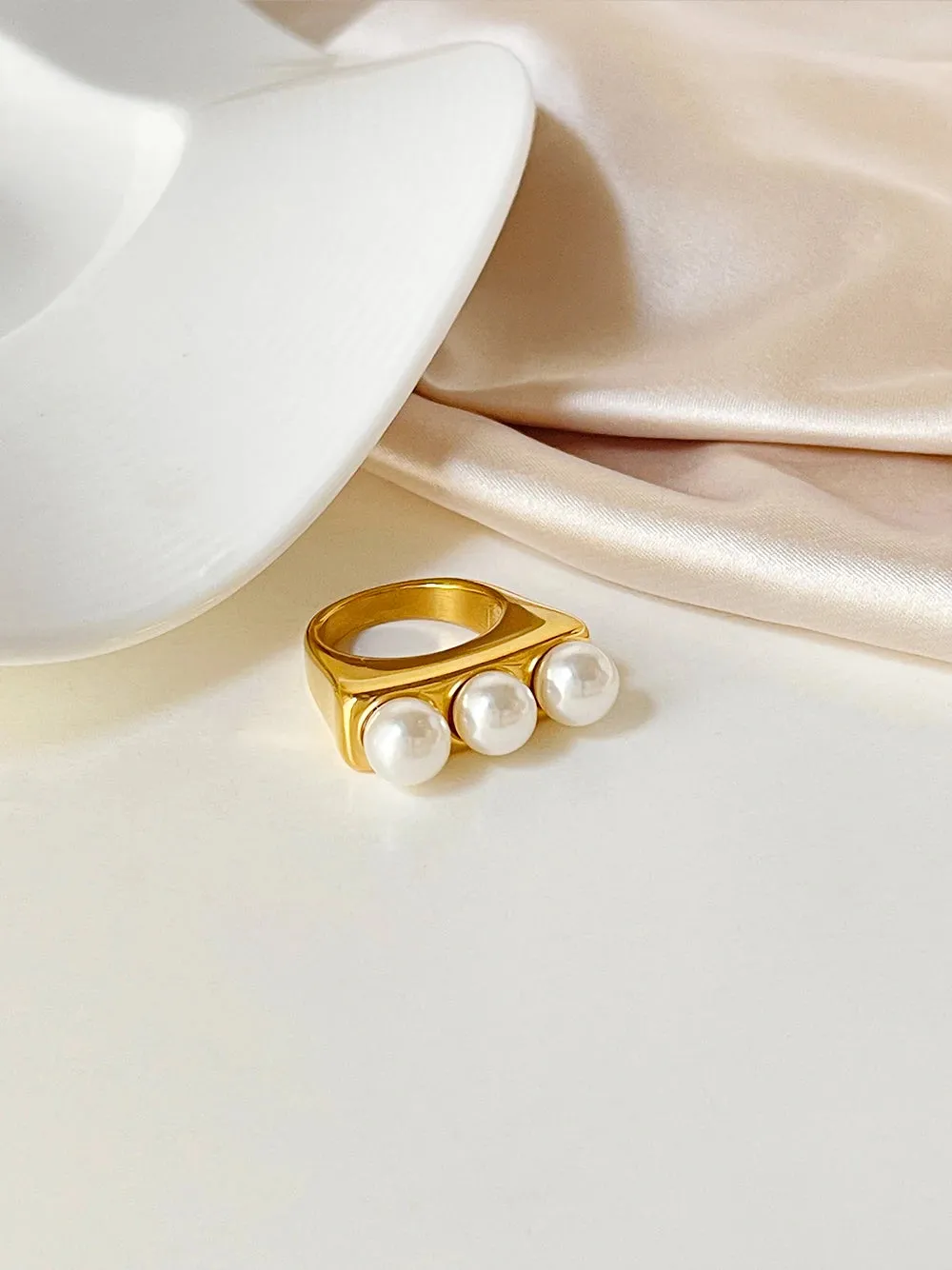 TEEK - Stainless Steel Triple Large Pearl Fashion Ring