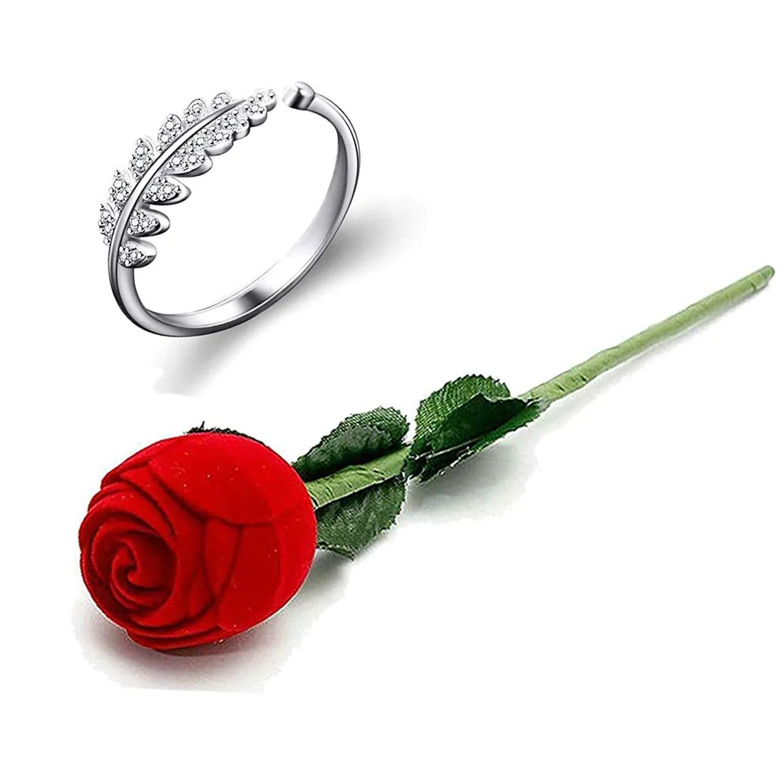 Yellow Chimes Rings for Women Valentines Gift Combo Beauty-in-Leaves Crystal Adjustable Silver Ring in Red Velvet Rose Ring Box for Women and Girls.